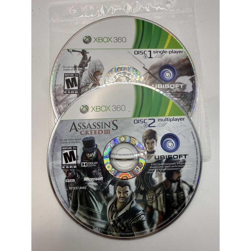 Assassin's Creed III Microsoft Xbox 360 2 Disc Game Tested M Mature 2012 Ubisoft